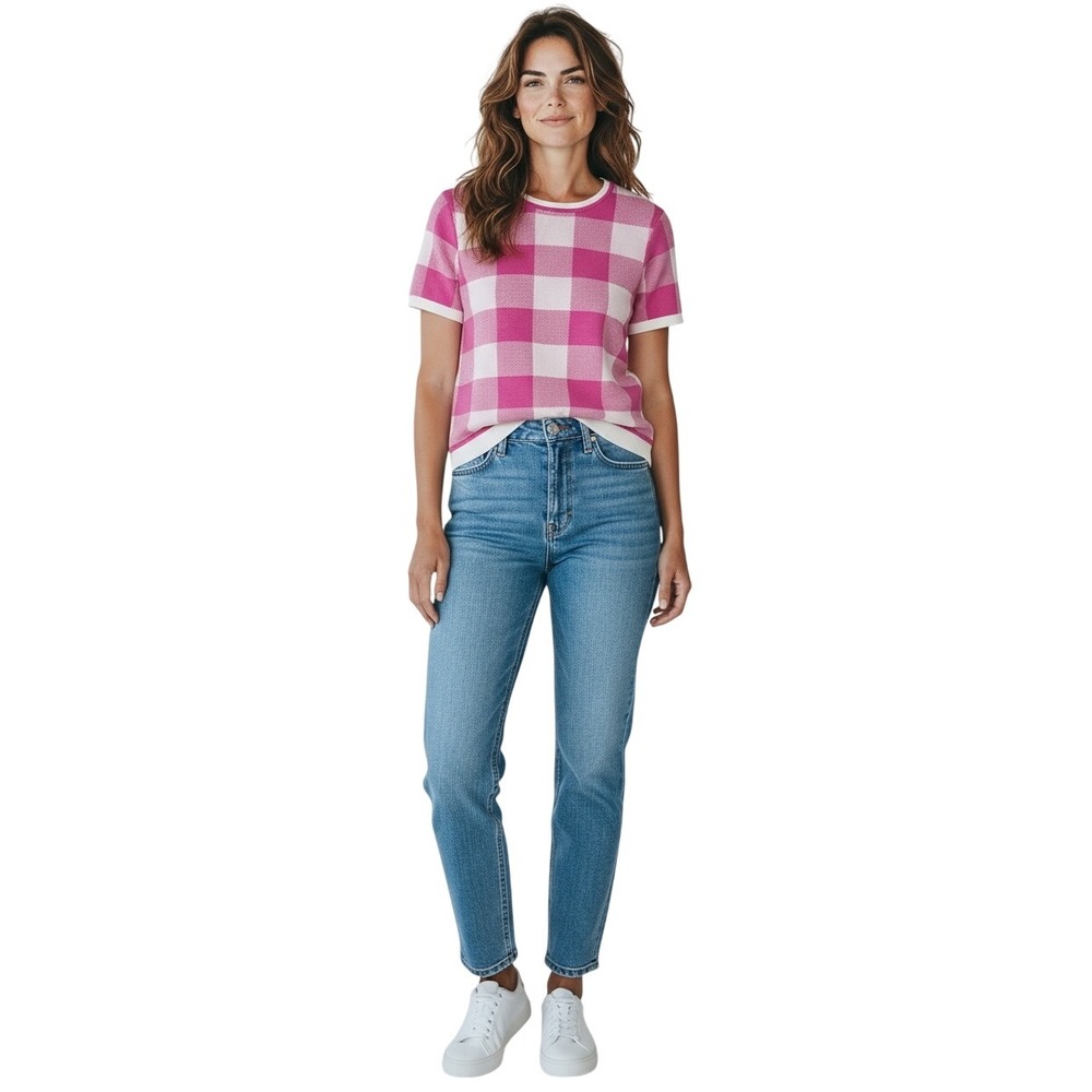 Skies Are Blue women's Pink White Gingham Short Sleeve Knit Sweater Medium